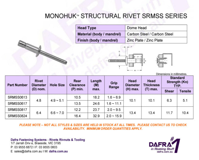 Monohuck Rivet Monohuk Structural Rivet SRMSS | Dafra Products